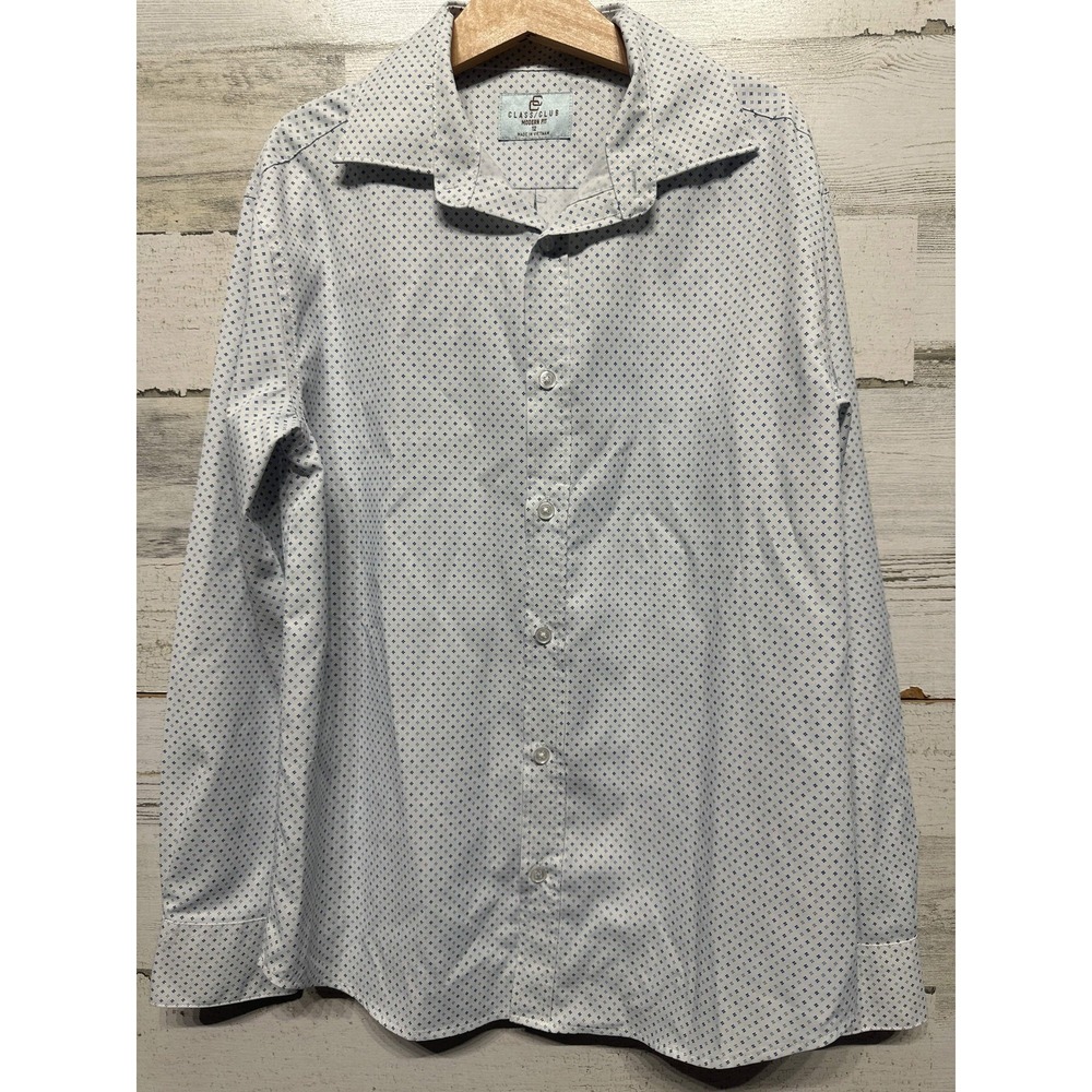 Class Club Button Down Shirt Boys 12 White Blue Micro Print Modern Fit EUC